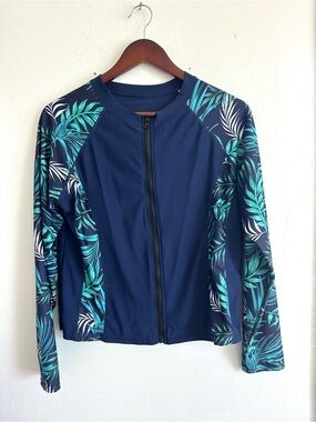 Navy Tropical Print Zip-Front Women's Swim Rashguard